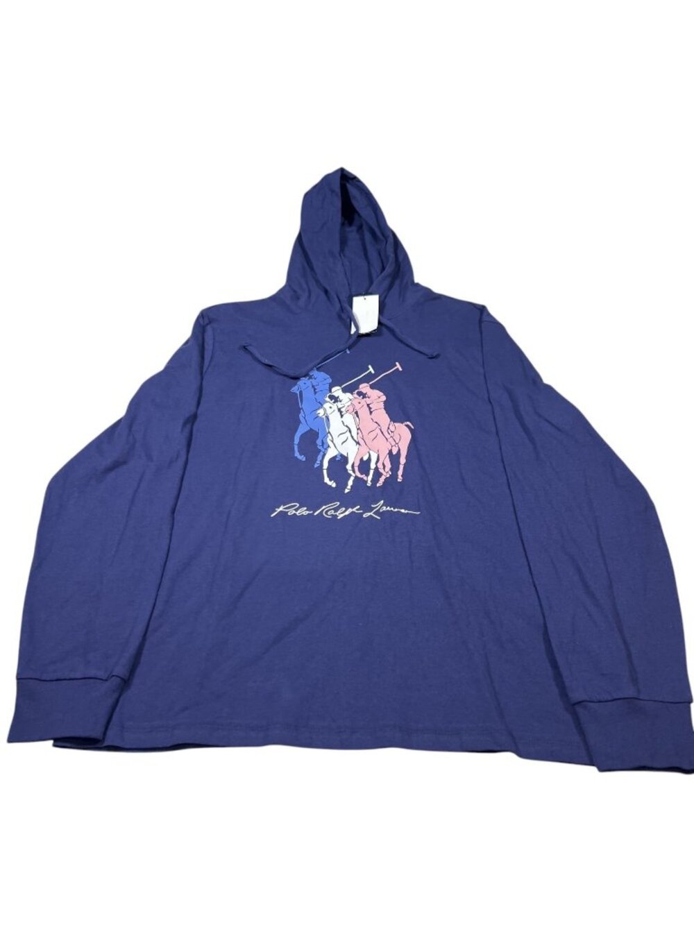 Polo Ralph Lauren Mens Blue Pullover Hoodie Size Large Triple Pony Graphic NWT
